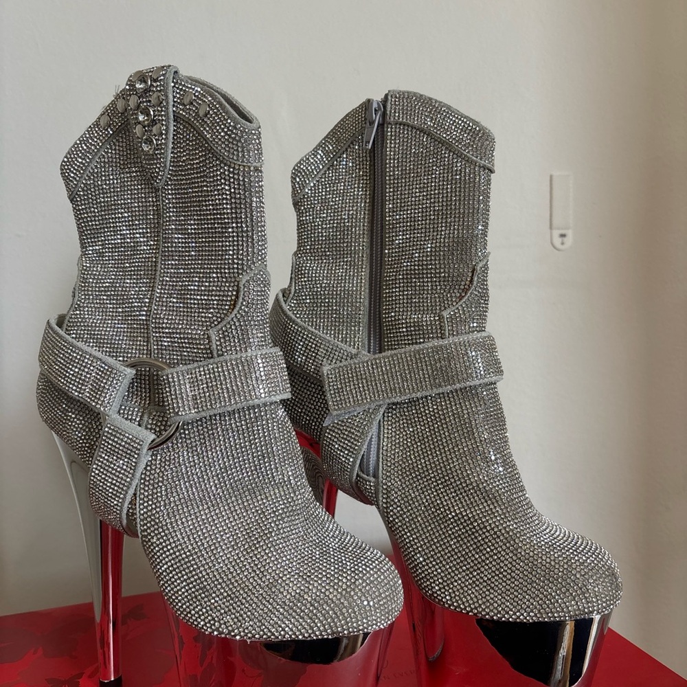 Pleaser Silver Rhinestone Platform Heeled Ankle Boots